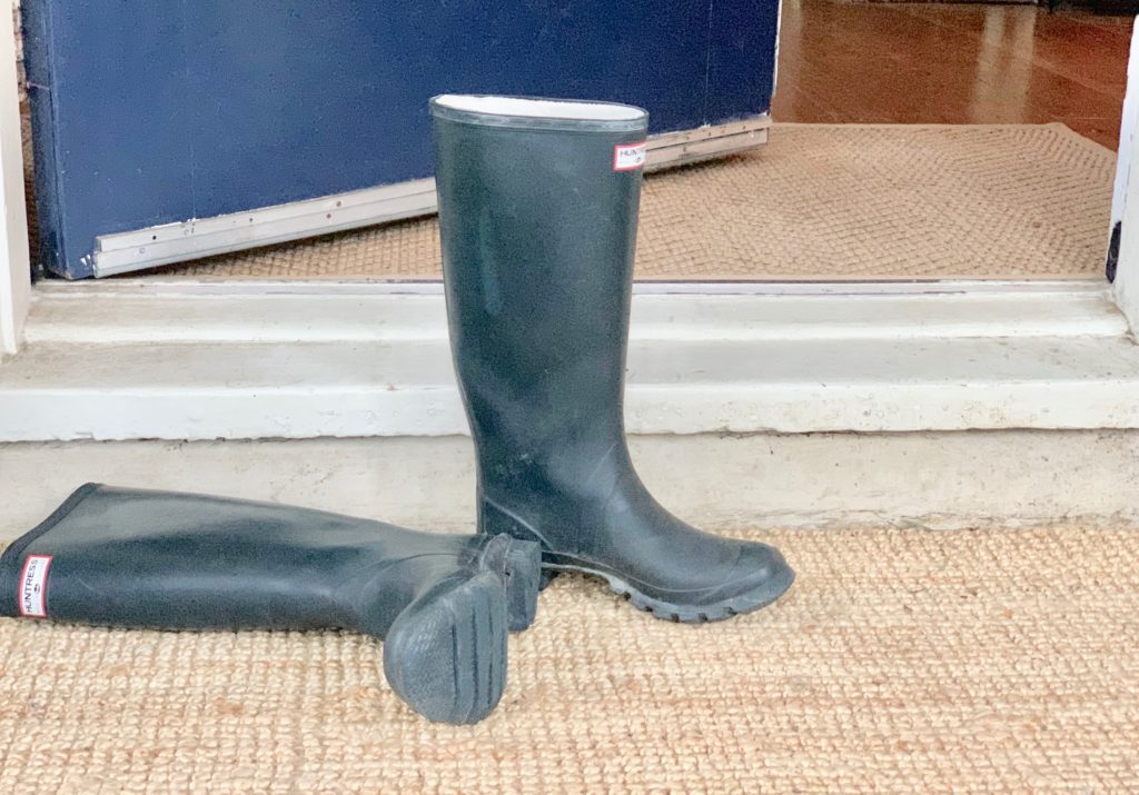 a pair of rubber boots on door mat by front door