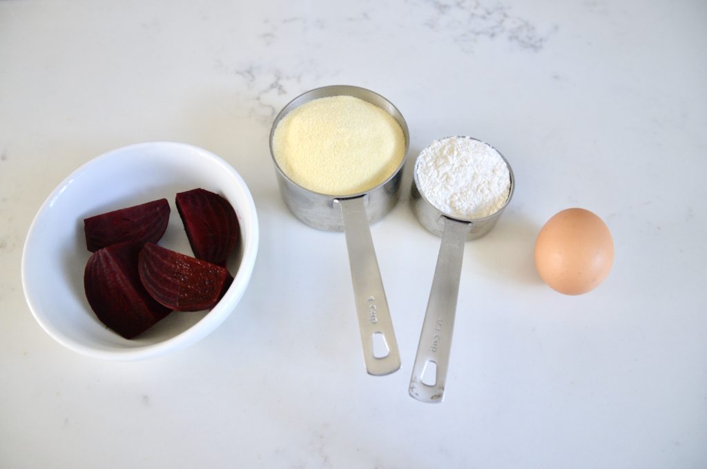 steamed beets, semolina flour, AP flour, 1 egg on kitchen counter