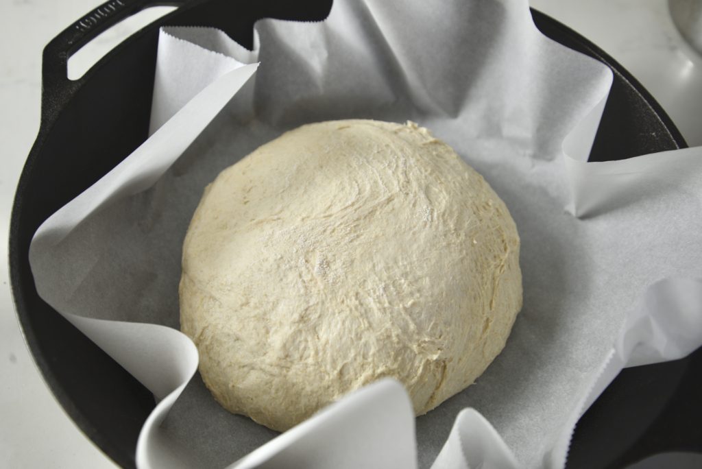 dough ball in cast iron Dutch oven