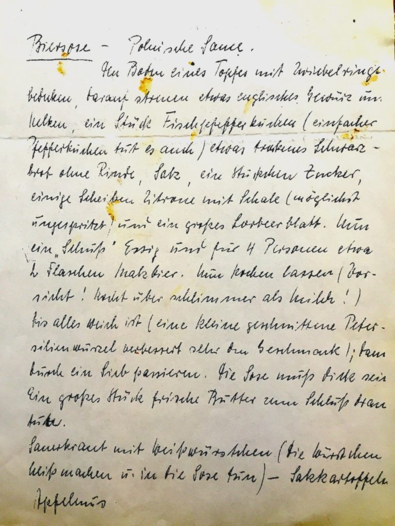 handwritten recipe of the Polish sauce